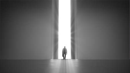 3d render walking man with a case to the opening gate with clearanceの写真素材