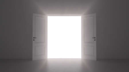 3d render open door shine in dark roomの写真素材