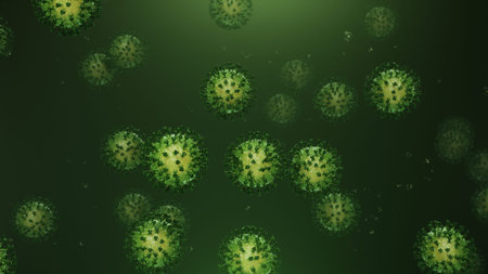 3d rendering flying green coronavirus with particles