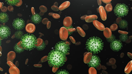 3d rendering flying blood cells with coronavirus