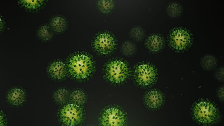 3d rendering flying green coronavirus with particlesの写真素材