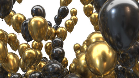 3d render golden and black balloons on a black backgroundの写真素材