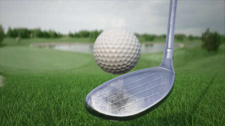 3d render hitting a golf ball with a club on the field side viewの写真素材