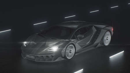 3d render A sports car drives at speed on a road with neon lightsの写真素材