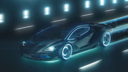 3d render Sports cyber neon car rushes on the night road with neon lightsの写真素材