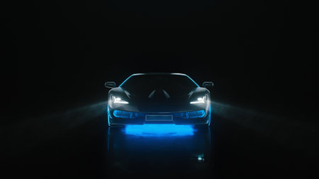 3d render sports car with neon lights goes to the camera on a black backgroundの写真素材