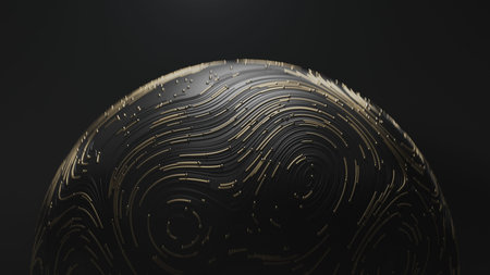 3d render golden ball with circular topographic animated lines and particles on black background