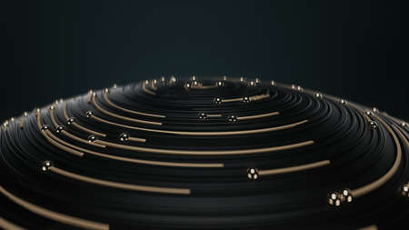 3d render Flying over golden ball with circular topographic animated lines and particles on black backgroundの写真素材