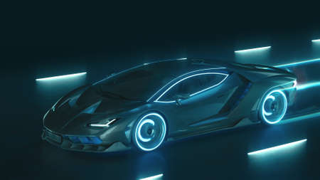 3d render Sports cyber neon car rushes on the night road with neon lightsの写真素材