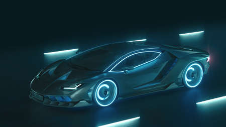 3d render Sports cyber neon car rushes on the night road with neon lightsの写真素材