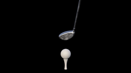 3d render Golf putter and golf ball on a rack on a black backgroundの写真素材