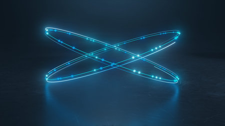 3d render flying and flickering circles along the neon trajectory on the reflection floor