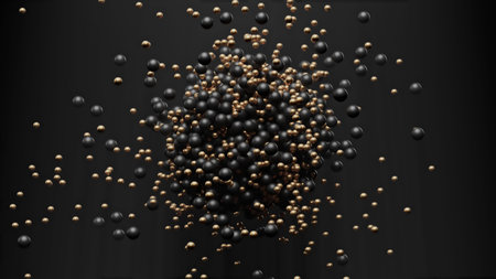 3d render Black and gold geometric balls hit each other with a magnet in a pile in the form of a ball in the airの写真素材