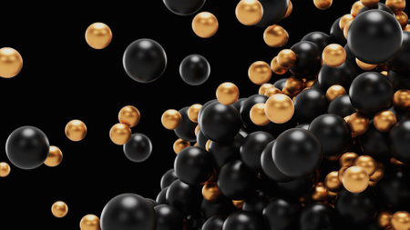 3d render Black and gold geometric balls hit each other with a magnet in a pile in the form of a ball in the airの写真素材