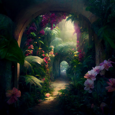Corridor with an arch overgrown with flowers and tropical plants in the jungleの写真素材