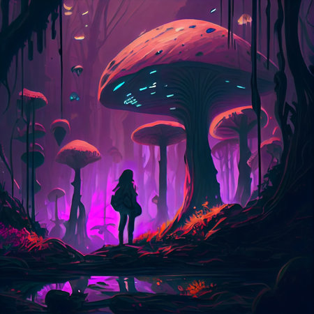 The girl stands against the backdrop of a fantastic forest with giant luminous mushroom trees.の写真素材