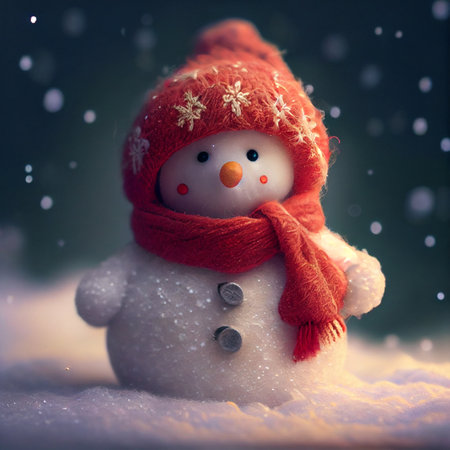 Cute snowman in a red hat and scarf on the snowの写真素材