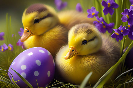 Two cute ducklings in the nest near the eggs