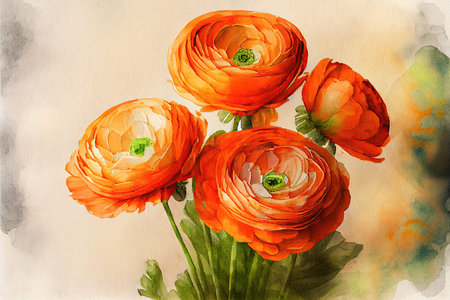 beautiful painted bouquet of orange ranunculus