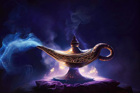 Genies magic lamp emitting blue smoke standing on a red pillow