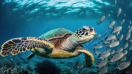 Underwater wild turtle swimming in the ocean against the background of a flock of fishの写真素材
