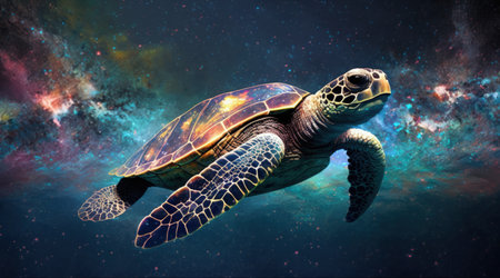 Sea turtle flying in spaceの写真素材