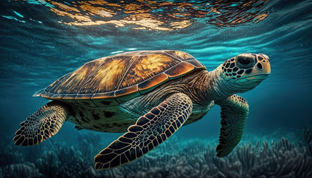 Underwater wild turtle swimming in the ocean against the background of a flock of fishの写真素材
