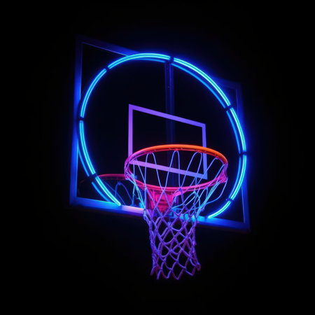 Neon basketball hoop on black backgroundの写真素材
