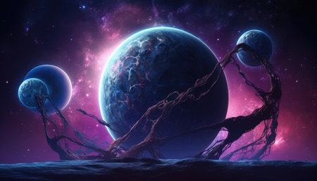 Blue planet with three moons covered with purple luminous organic webの写真素材
