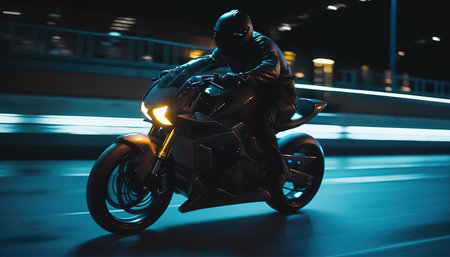A man rides a sports motorcycle in the city at nightの写真素材