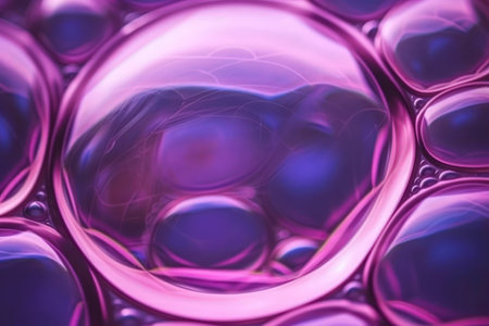 Beautiful neon pink bubbles closeup with reflectionの写真素材