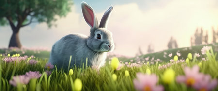 Cute fluffy rabbit in a meadow with grass and flowers in summerの写真素材