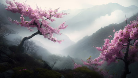 beautiful sakura trees against the backdrop of mountains in the fogの写真素材