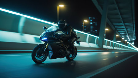 A man rides a sports motorcycle in the city at nightの写真素材