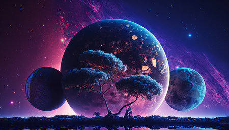 Blue planet with three moons covered with purple luminous organic webの写真素材