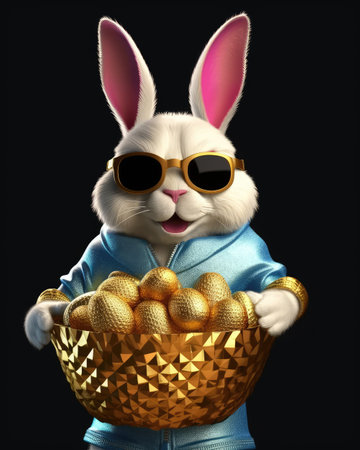 Glamorous Easter bunny in sunglasses with a basket of eggsの素材