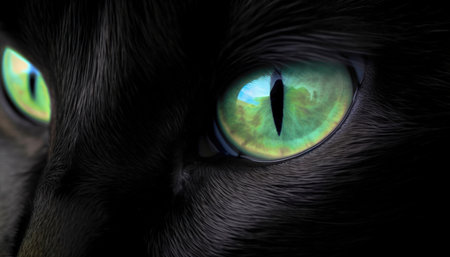 Close-up of a black cats green eyesの写真素材