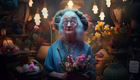 An elderly woman in her flower shopの素材