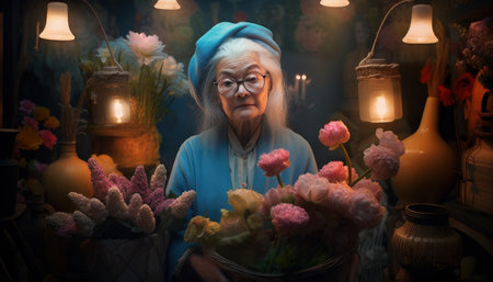 An elderly woman in her flower shopの素材