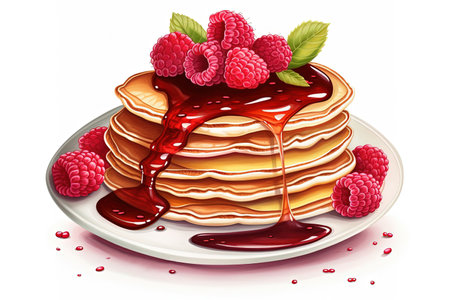 Pancakes with raspberries and jam in a plate on a white backgroundの写真素材