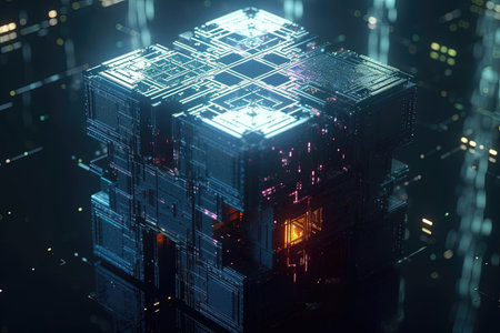 abstract neon digital cube with blurred backgroundの写真素材