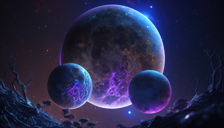 Blue planet with three moons covered with purple luminous organic webの写真素材