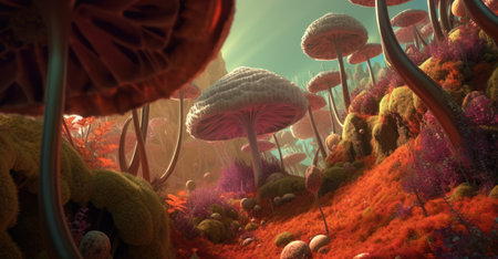 Abstract forest with tall mushrooms and unusual plantsの素材