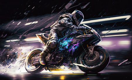 Watercolor abstract night racer on a motorcycleの写真素材