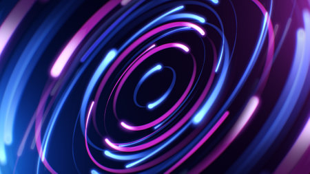 3d render circular blue and purple light background, in the style of digital neonの写真素材