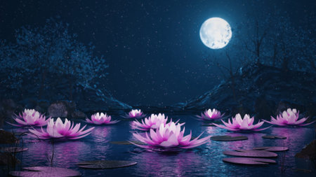 3d render Lotus flowers on a magical night on the water against the backdrop of the moonの写真素材
