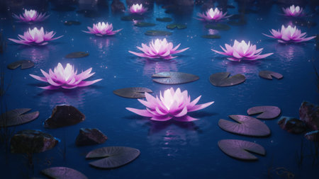 3d render Lotus flowers on a magical night on the waterの写真素材