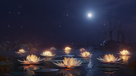 3d render Lotus flowers on a magical night on the water against the backdrop of the moonの写真素材