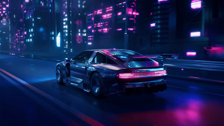 3d render car driving on the city streets at night with neon lights and in a cyberpunk styleの写真素材