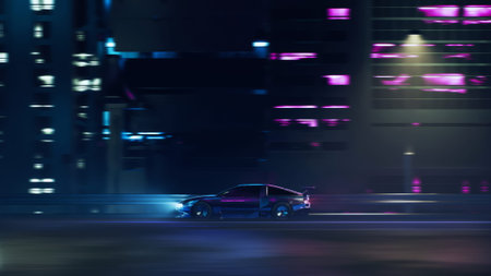 3d render car driving on the city streets at night with neon lights and in a cyberpunk styleの写真素材